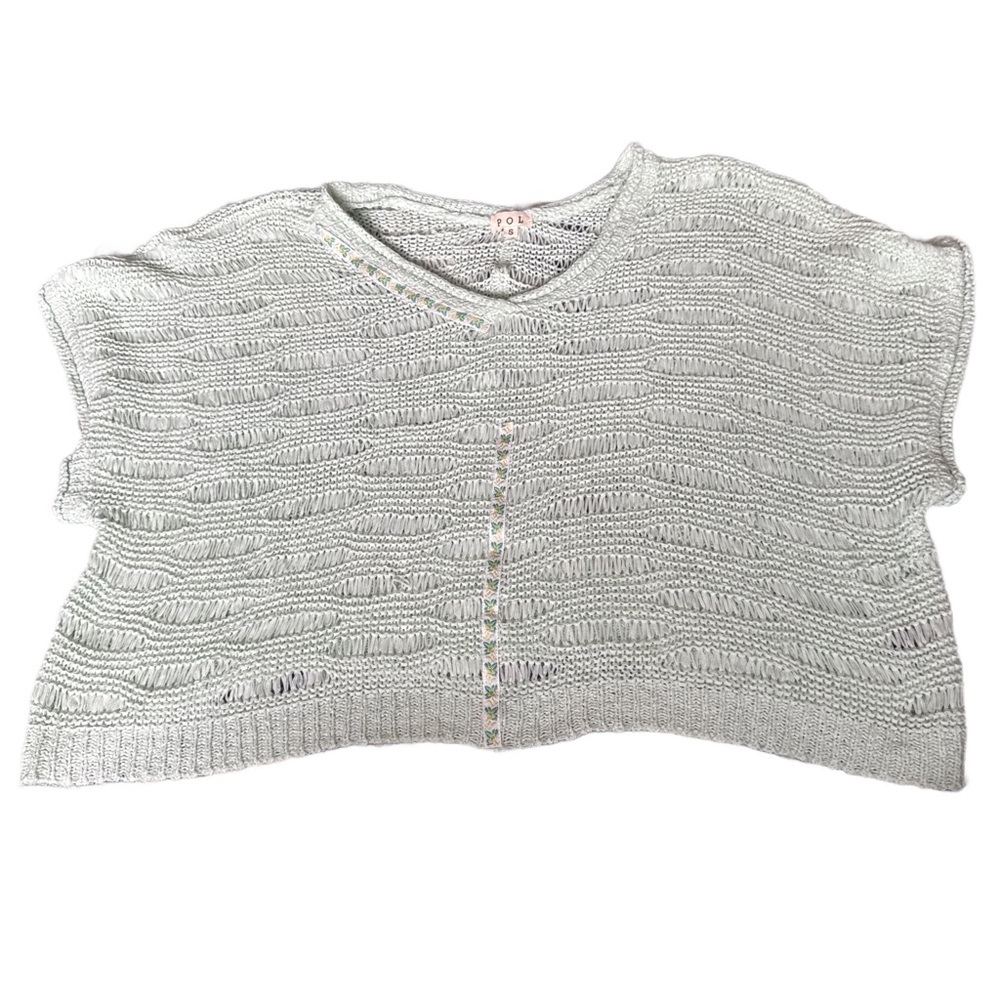 POL Knit Short Sleeve Sweater Embroidered Flowers Small Oversized Mint NWOT